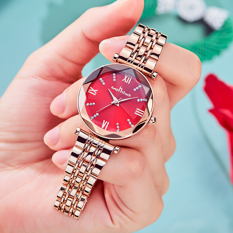 瑞士正品新款女士防水手表时尚红色钢带休闲气质女表生日七夕礼物