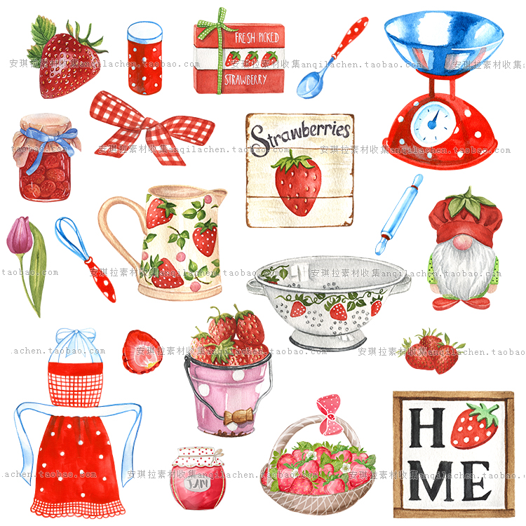 高清手绘水彩水果红色草莓海报装饰png手账设计素材