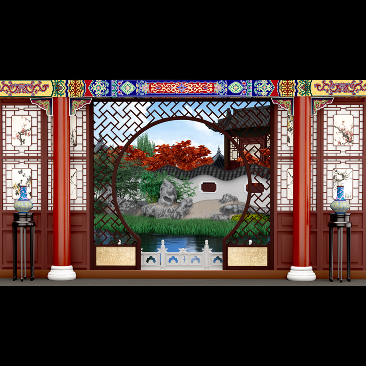 戏曲古代屏风拱门花园花瓶彩绘栏杆高清LED大屏幕舞台背景虚拟图
