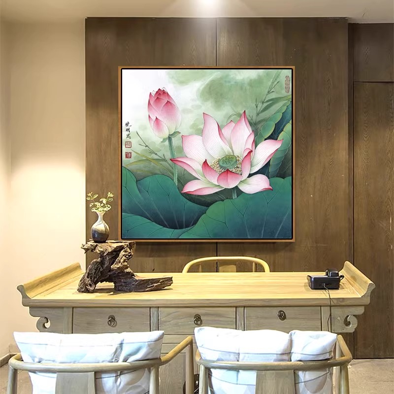 荷花装饰画新中式客厅背景墙挂画年年有鱼莲花鲤鱼寓意好茶室壁画