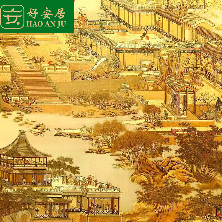 新中式中国复古风格仿古典禅意墙纸金箔金色金黄色清明上河图壁纸