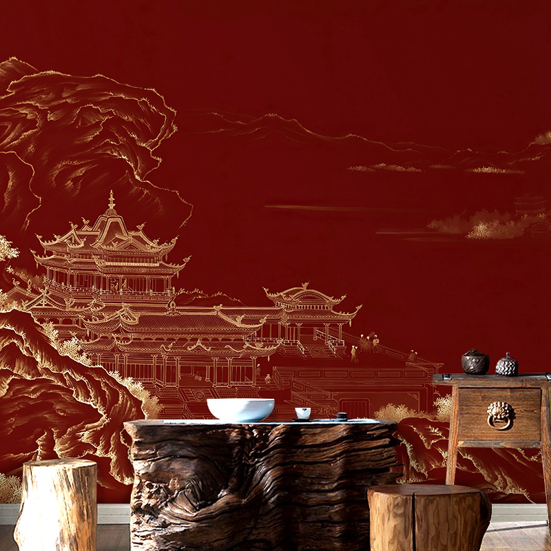 中式故宫红墙饭店装修墙布复古风装修火锅店餐馆墙纸喜庆古典壁纸