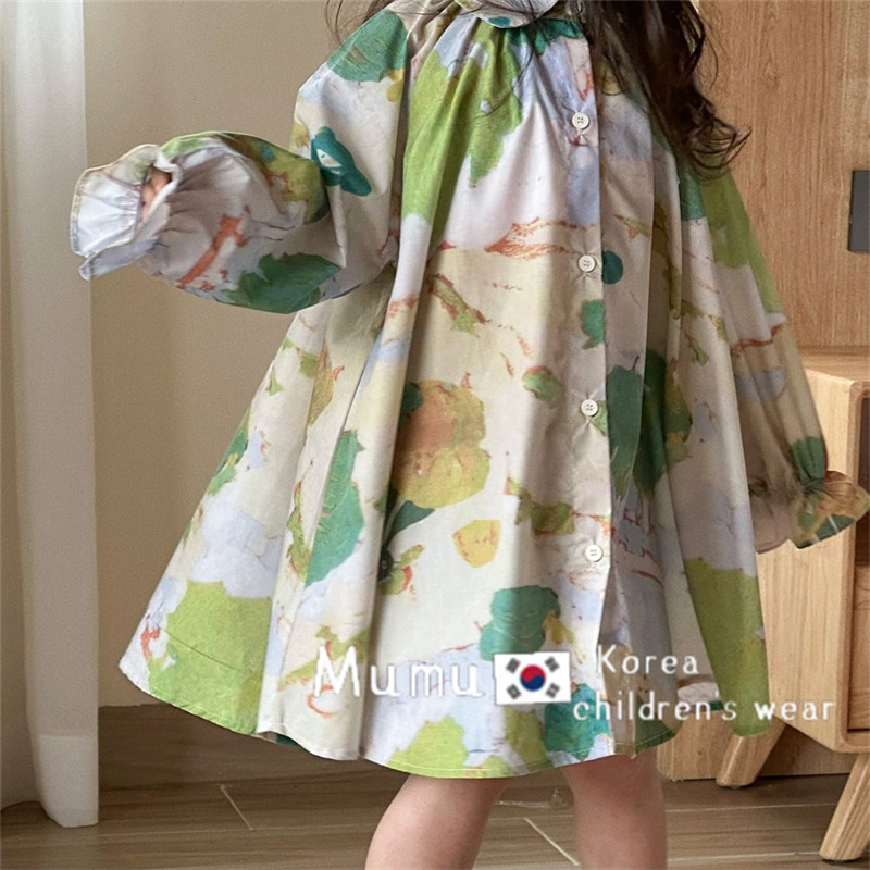 韩国童装2023春季新款女童连衣裙甜美中国风油画复古衬衫裙公主裙