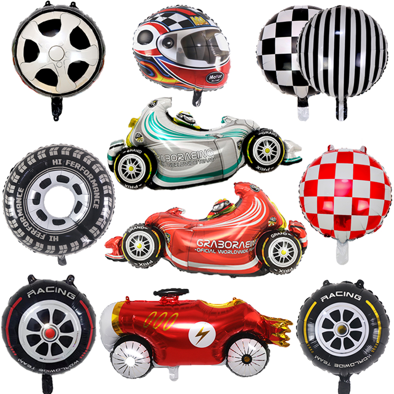新款汽车轮胎黑白格子圆形气球生日男孩主题方程式拉力赛车装饰品