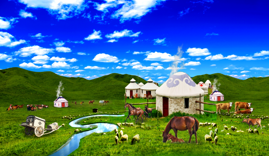 尺寸定制蒙古包草原牛羊马群民族蒙古族壁画背景墙