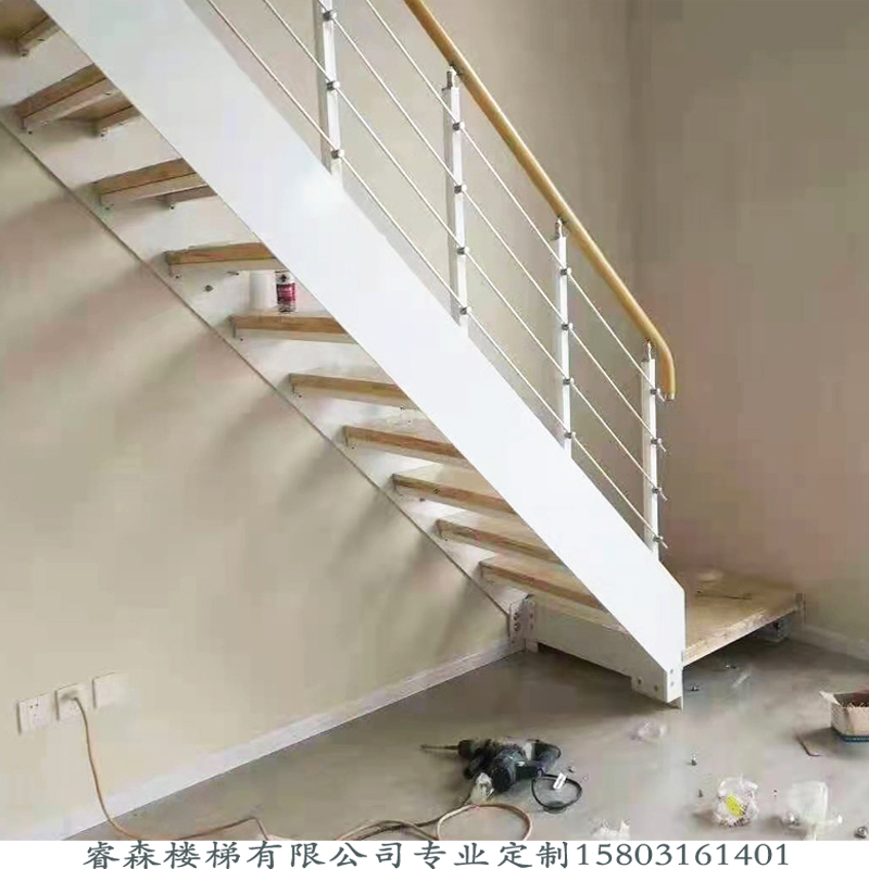 双梁楼梯钢化玻璃扶手栏loft梯现代家用复式简约宽梁实木铁艺直梁