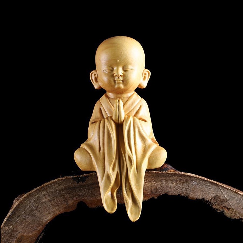 黄杨木雕小和尚意境摆件新中式禅意手工创意木雕工艺品坐禅小沙弥