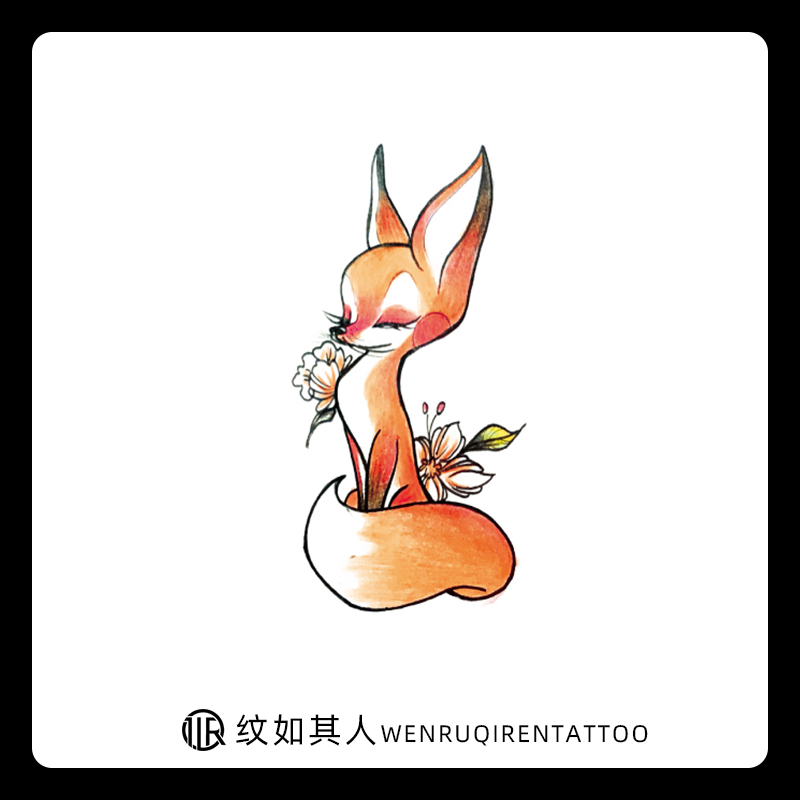 可爱Fox狐狸纹身贴纸 少女手绘花朵仿真刺青防水小动物图案纹身贴