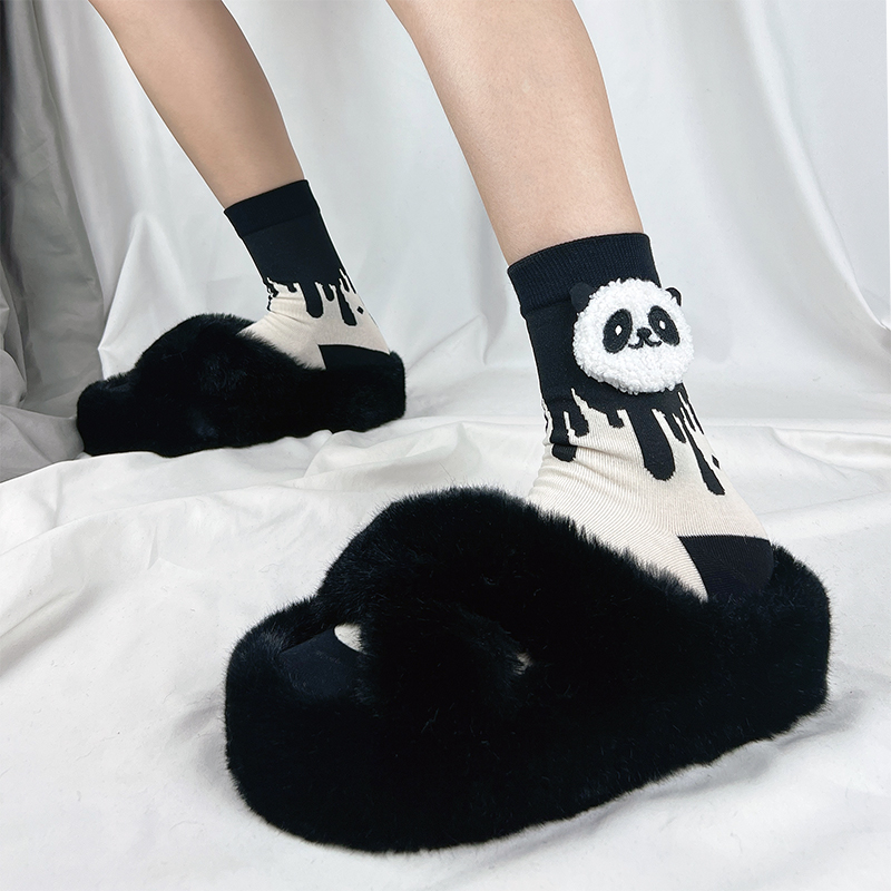 秋冬可爱卡通立体熊猫头像袜子黑白奶油拼色中筒袜时尚少女棉长袜