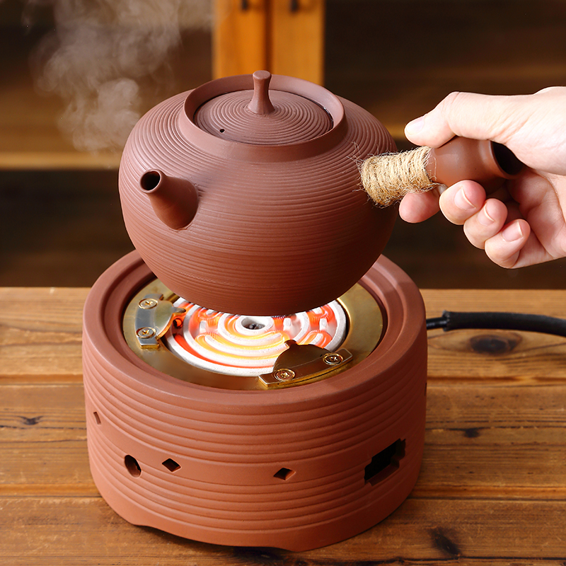 朱泥紫砂砂铫壶侧把壶茶壶陶瓷煮茶壶煮茶炉烧水壶电陶炉煮茶器