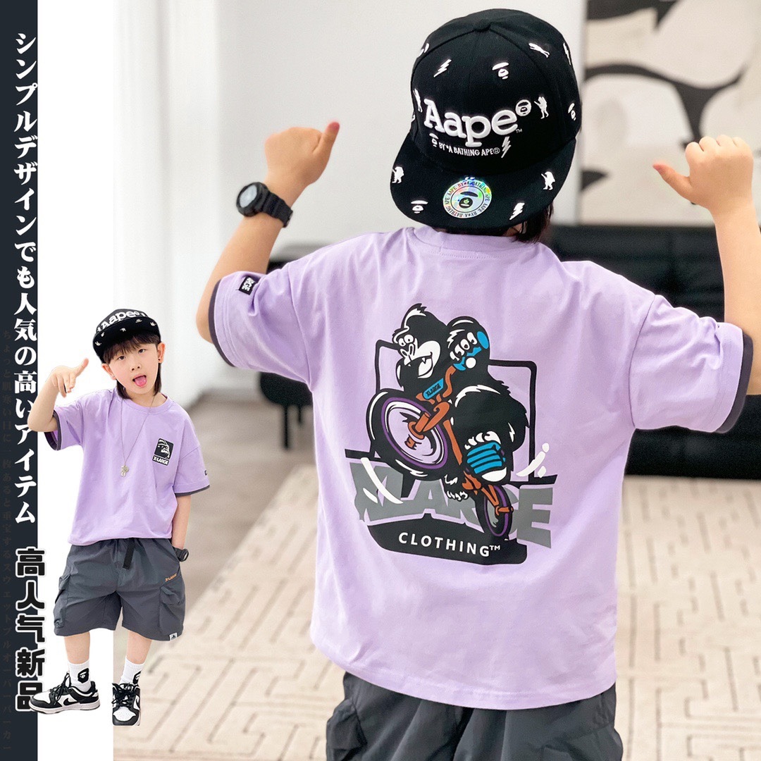 夏季新款 日系潮牌男童香芋紫色卡通机车t恤中童纯棉圆领