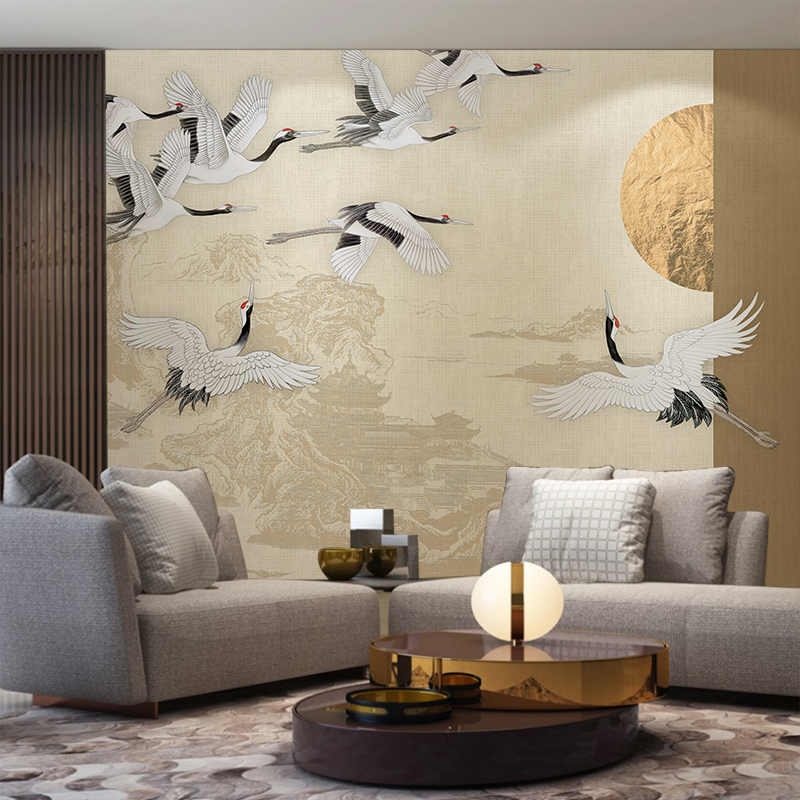 中式轻奢海浪仙鹤意境背景壁画主题餐厅卧室书房壁纸雅致和风墙纸
