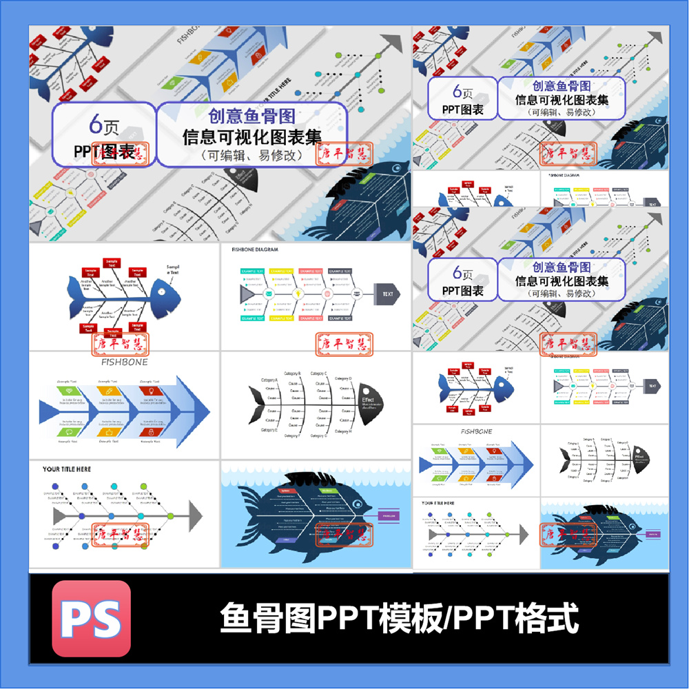 6套创意鱼骨图可视化图表PPT模板可编辑工作计划总结品牌推广