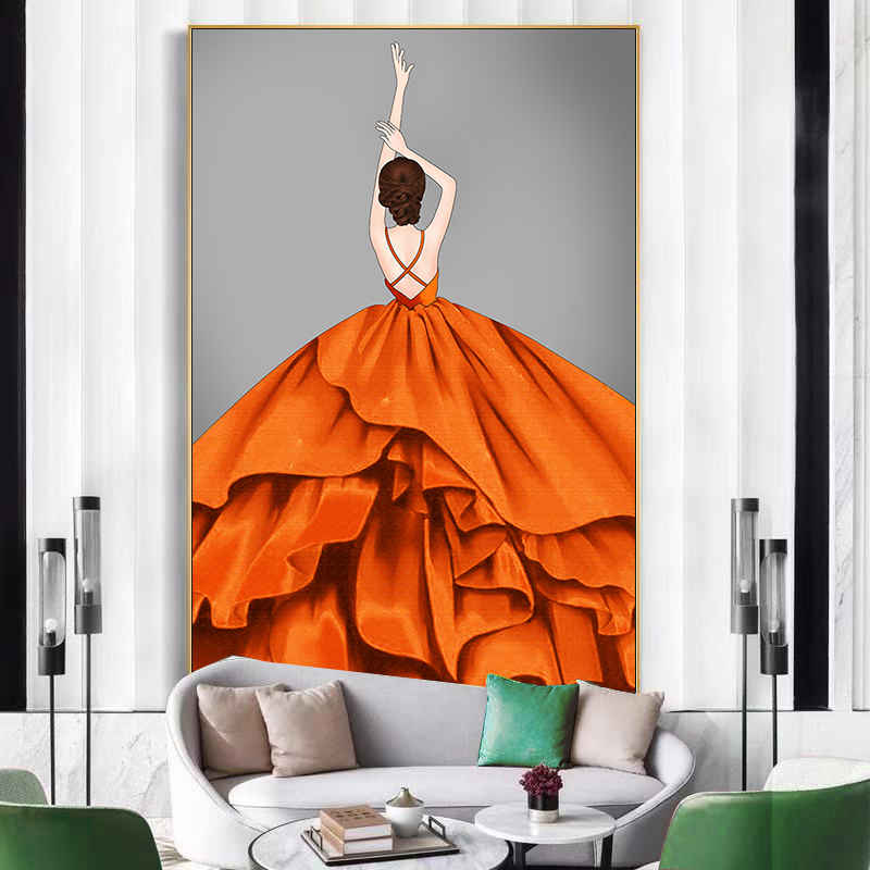 现代简约轻奢走廊diy方钻满贴钻钻石画芭蕾舞美女橙色裙子十字绣