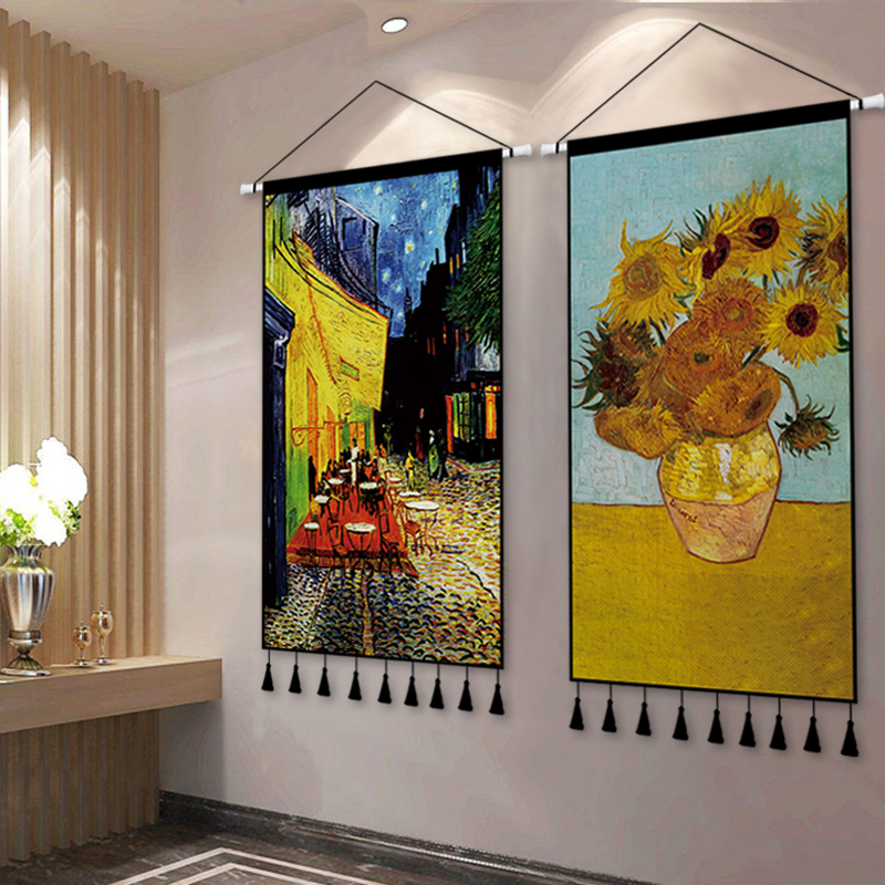 梵高咖啡厅油画挂毯玄关书房向日葵挂布沙发大尺寸背景墙装饰布画