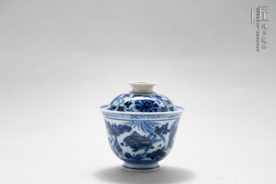 景德镇「待月观山」鱼藻两才盖碗 岩茶盖碗手绘青花陶瓷茶碗
