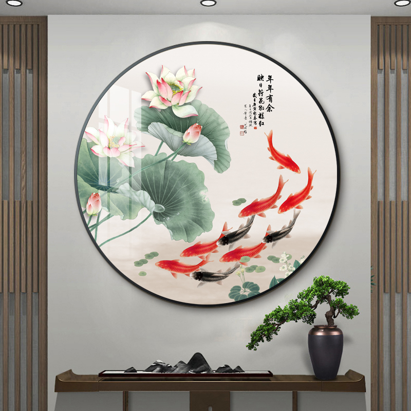 新中式客厅装饰画水墨山水沙发背景墙画圆形组合挂画餐厅卧室壁画