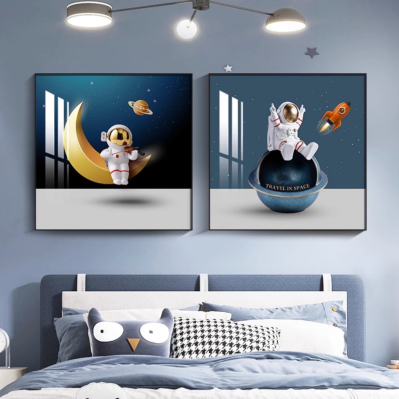 卡通太空人儿童房装饰画现代简约卧室床头挂画男孩女孩房间墙壁画