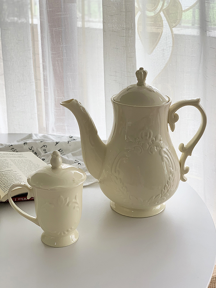 安木良品 外贸原单 法式中古老货奶油黄精致浮雕陶瓷带盖杯大茶壶