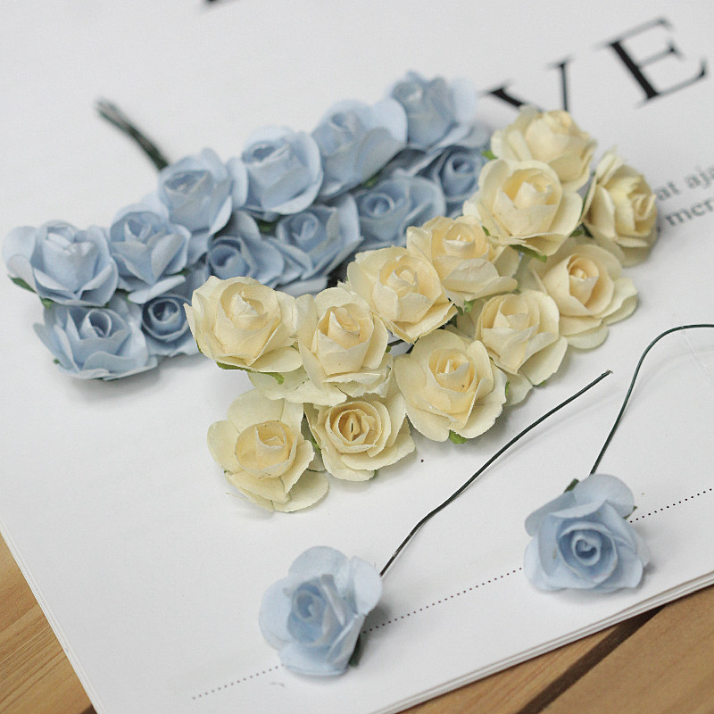 仿真纸花玫瑰 小花束香槟色 浅蓝色 花头直径2厘米 一束12朵