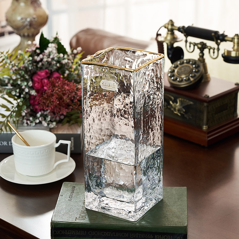 锤纹方口花瓶透明 描金玻璃花瓶 客厅创意欧式简约插花工艺品摆件