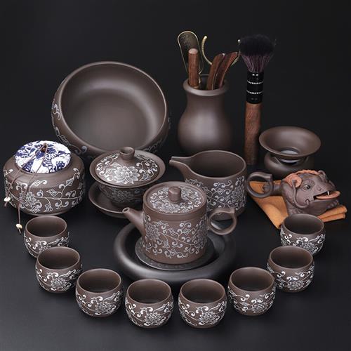 袋茶洗紫砂茶具功夫仙壶承 盖碗茶壶银茶具套装绘缠枝莲 家用茶道
