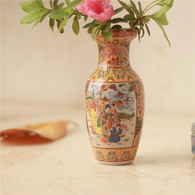 复古老货广彩陶瓷小花瓶水培花插花器仕女图桌面花瓶软装摆件