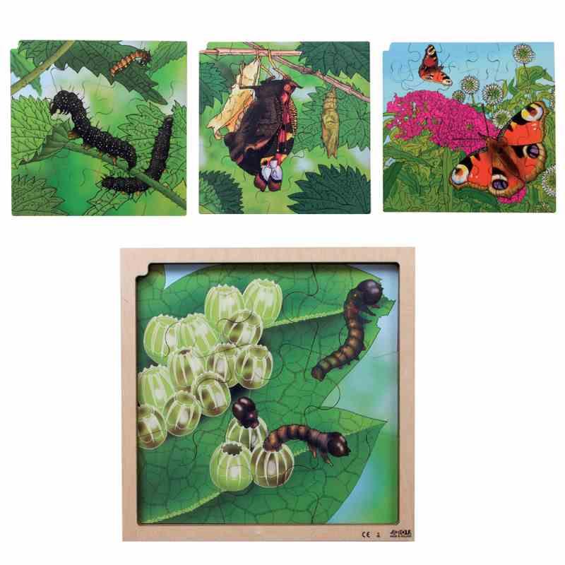 荷兰ROLF多层拼图-蝴蝶的成长 幼虫-蝴蝶的成长过程展示玩具86块