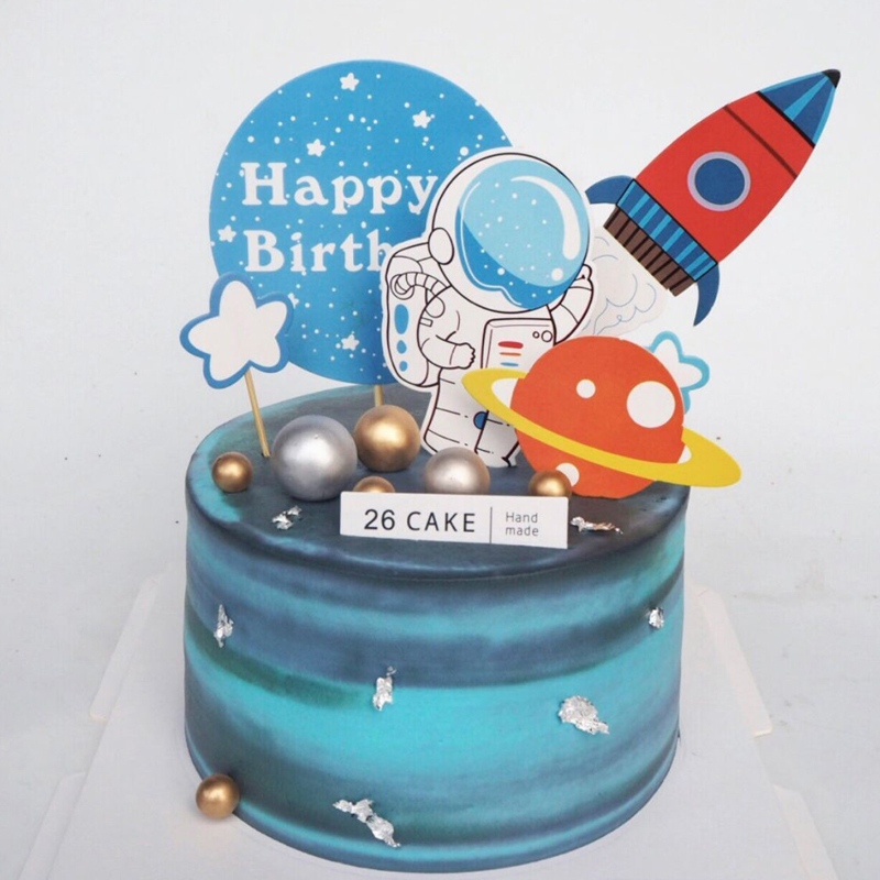火箭宇航员蛋糕插牌套装星空生日快乐蛋糕装饰插旗派对烘焙用品