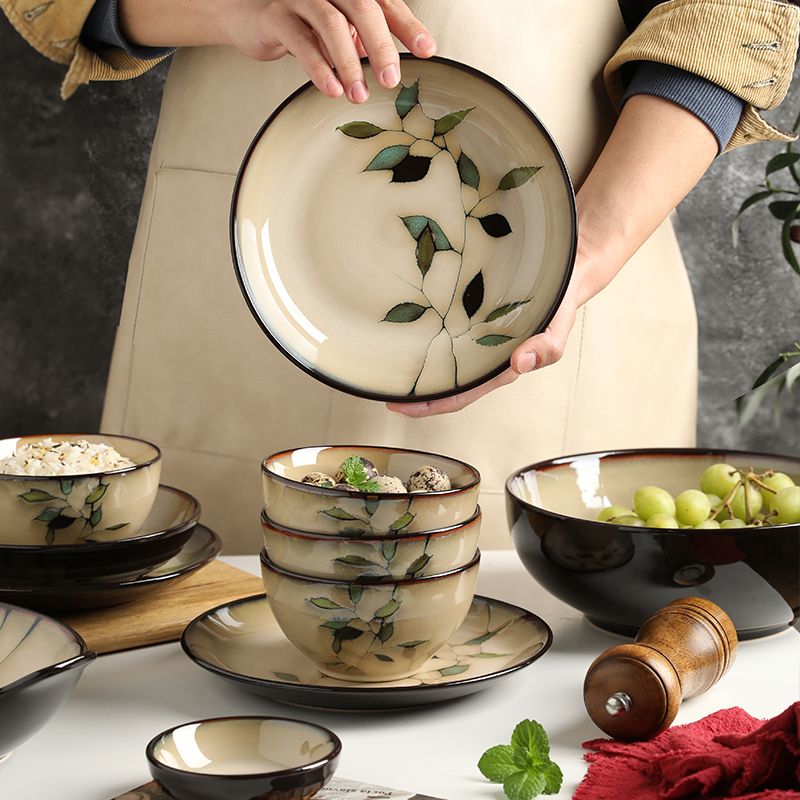 舍里竹叶陶瓷碗盘子组合餐具家用复古日式窑变釉个性创意面碗汤碗