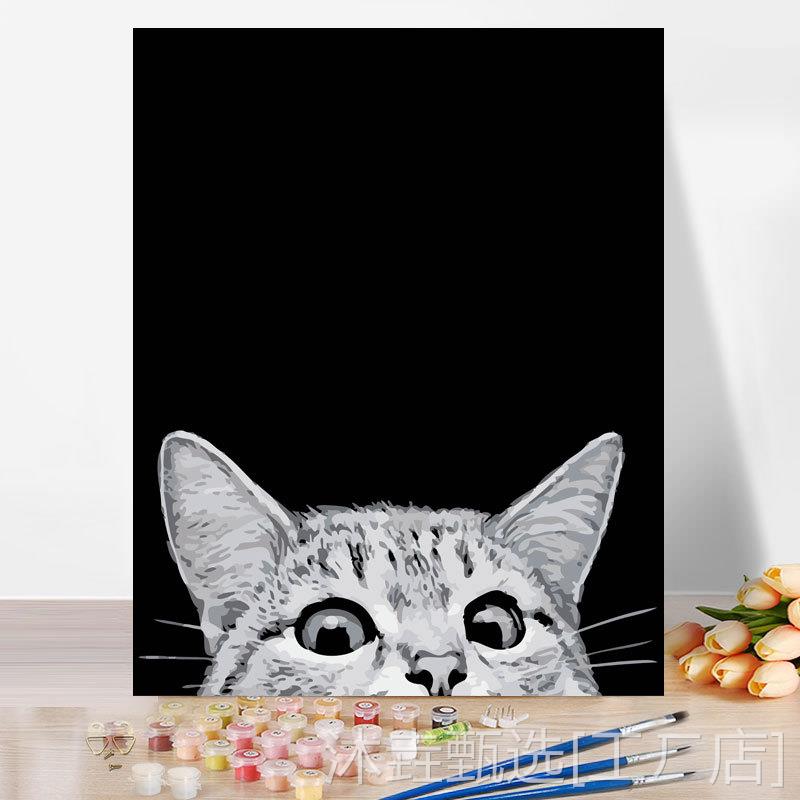 新款diy手绘油彩画卡通动物填充涂色数码画黑白猫咪
