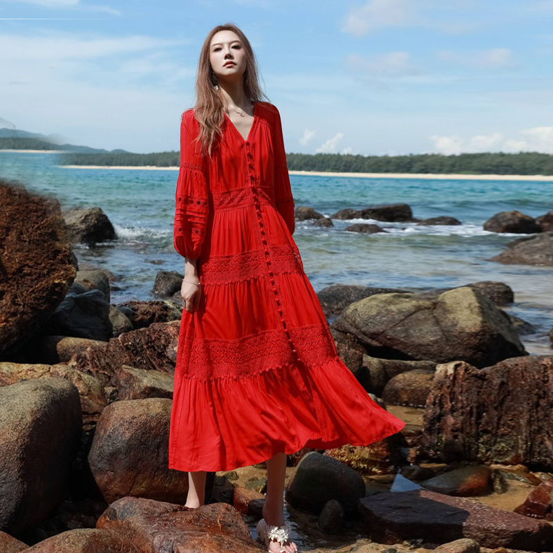 红色连衣裙云南三亚海边度假胡杨林川西沙漠旅游拍照长裙沙滩裙女