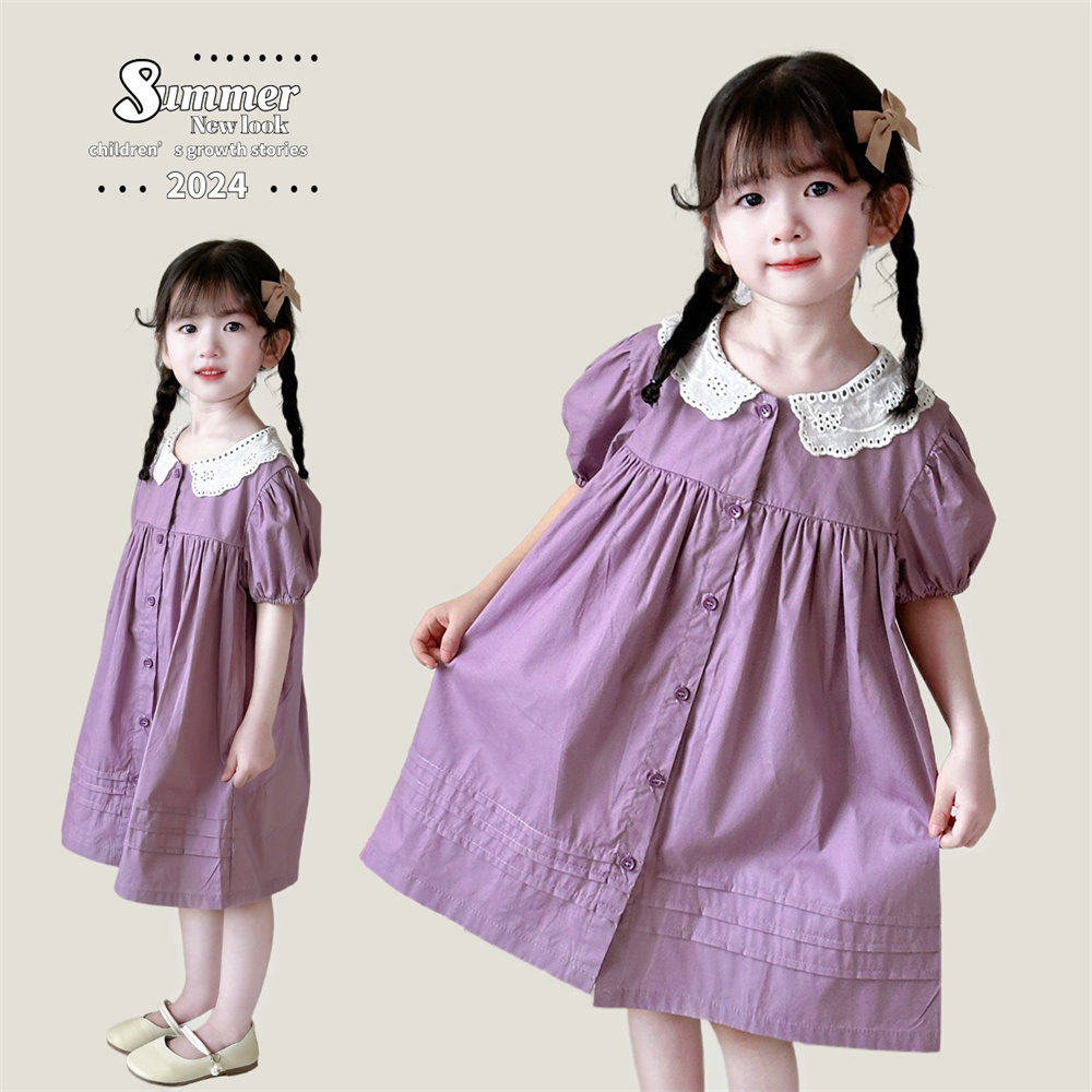 2024年夏季小女童韩版洋气短袖连衣裙女宝宝紫色棉布裙子大童夏装