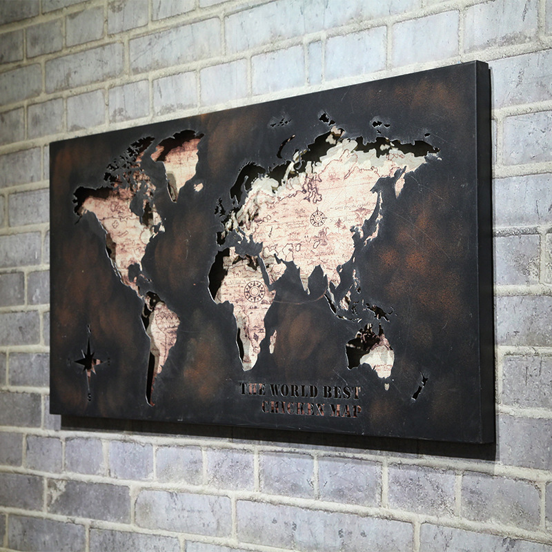 推荐复古3D镂空世界地图壁挂黑色铁艺壁饰墙面装饰工业风壁饰金属