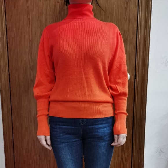 2023新款羊毛针织打底衫衫女灯笼泡泡袖百合橙色薄款高领欧货毛衣