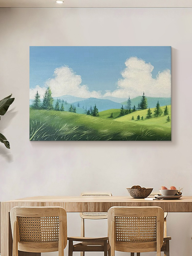 正品绿色草原树木林手绘油画客厅蓝天白云风景装饰画玄关抽象山坡