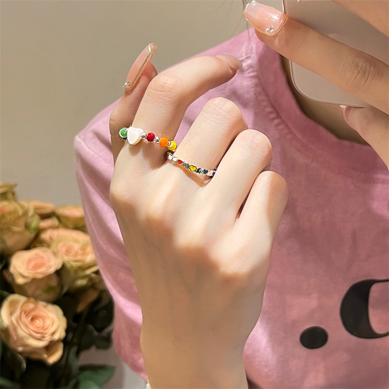 治愈系彩色串珠爱心戒指女小众设计感高级轻奢食指戒时尚个性指环