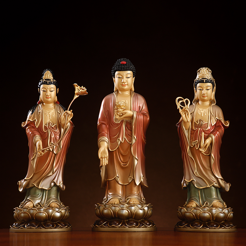 台湾全铜西方三圣塑像佛像纯铜站阿弥陀佛接引像观音铜像供奉摆件