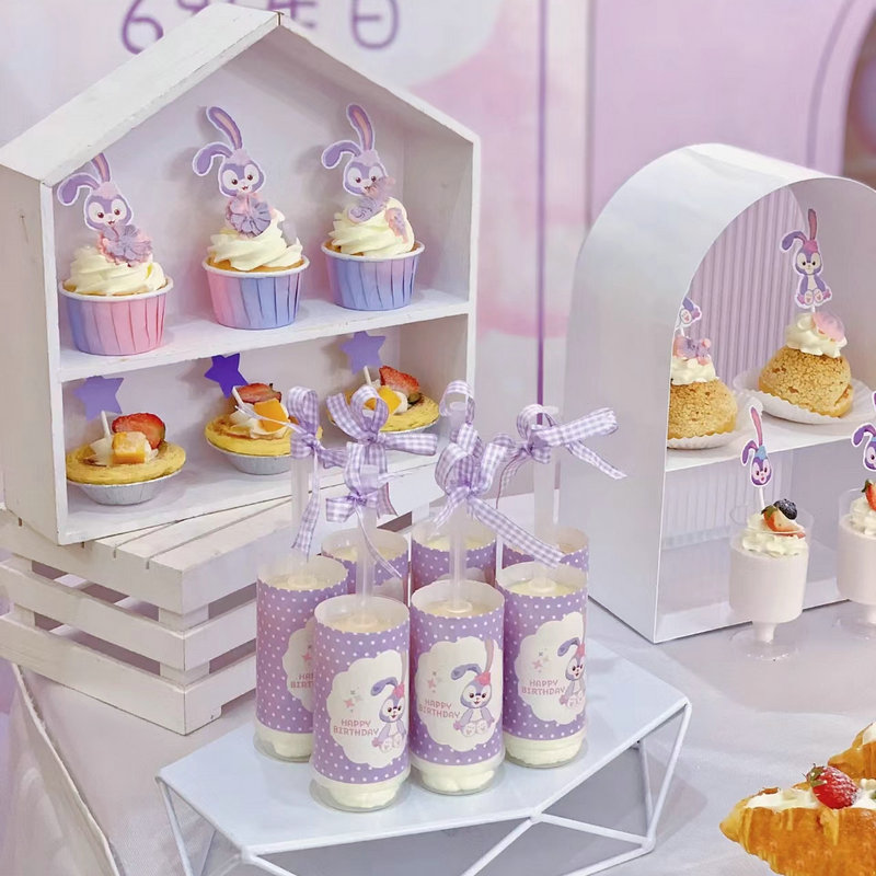 星黛露宝宝周岁甜品台装饰紫色兔子纸杯蛋糕插件吸管推推乐筒贴纸