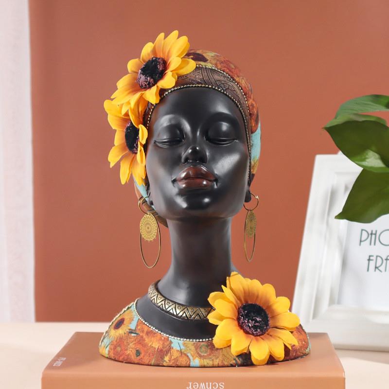 工艺礼品新风格非洲风情太阳花黑人女孩头像树脂家居软装摆件