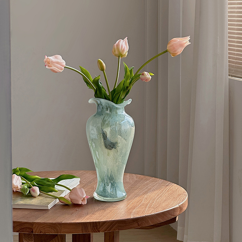 蓝色透明玻璃花瓶中式风格复古花边装饰花器摆件客厅玄关插花水培
