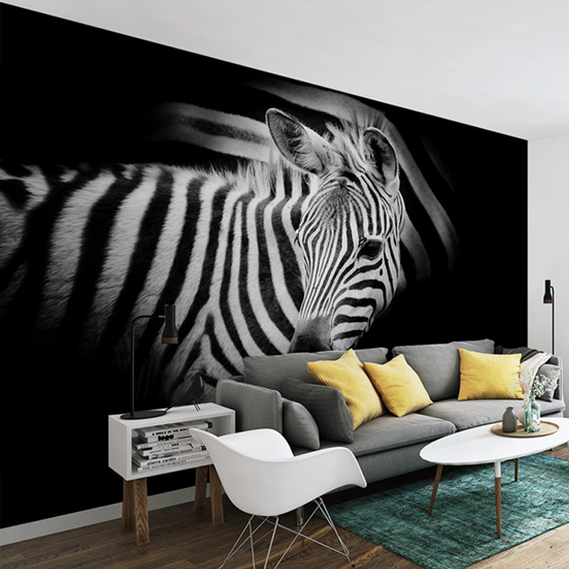 定制北欧风格3D电视背景墙黑白斑马图案玄关壁纸简约现代墙纸壁画