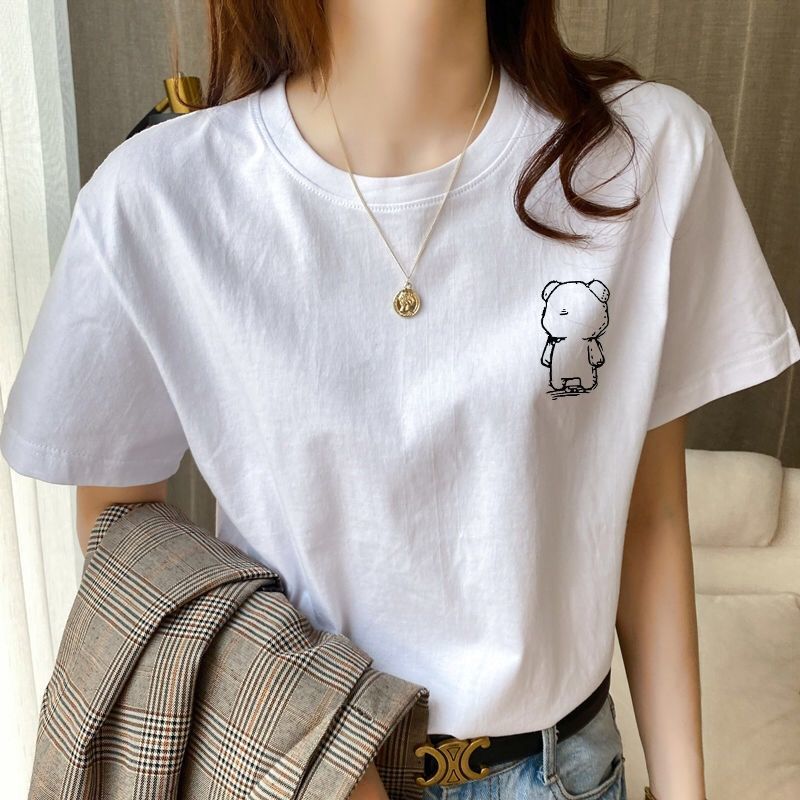 纯棉短袖t恤女装2024夏季韩版宽松白色圆领国风体恤印花打底上衣