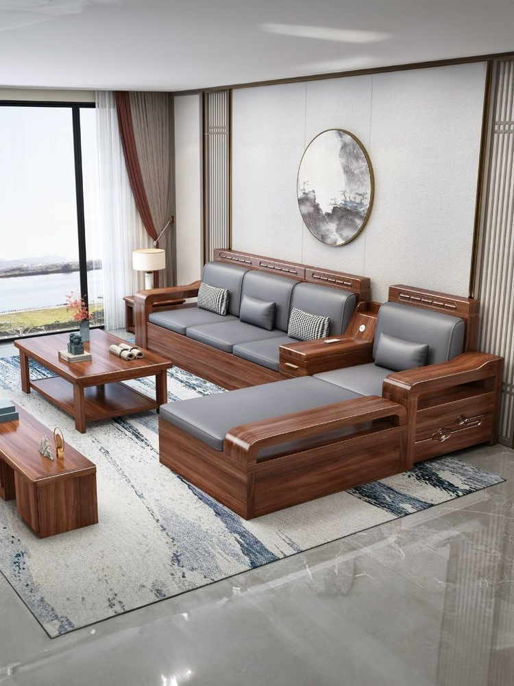 胡桃木实木沙发组合冬夏两用储物现代中式客厅小户型转角木沙发