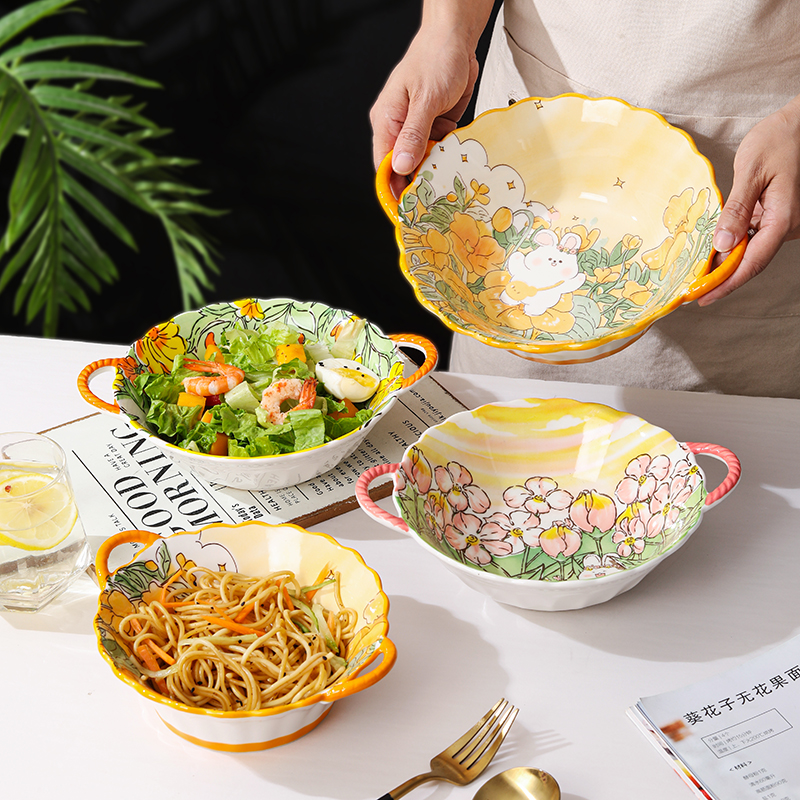 卡通双耳陶瓷碗螺蛳粉汤碗家用网红沙拉碗学生少女可爱拉面泡面碗