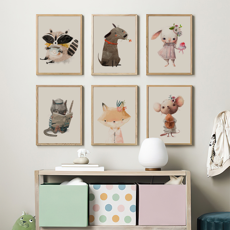 可爱卡通动物儿童房墙壁装饰挂画画芯cute的小动物兔子熊猫小狐狸