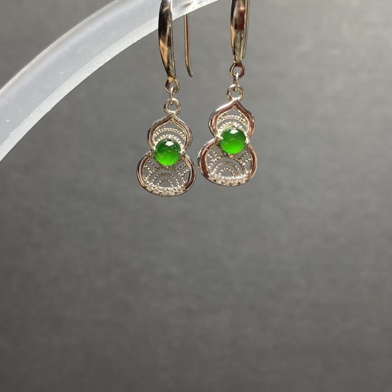 天然A货翡翠-满绿蛋面玉石S925银镶嵌耳饰葫芦款式耳环多样性发货