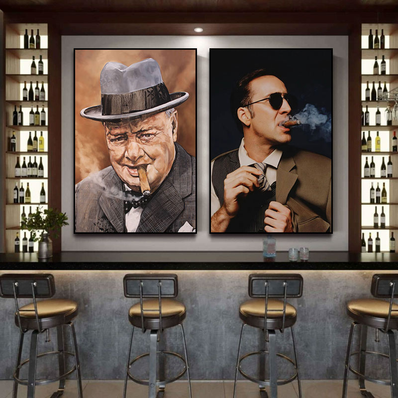 雪茄吧装饰画丘吉尔画像男人壁画尼古拉斯酒吧名人抽烟的海报挂画