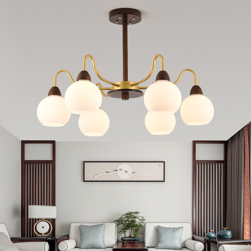 新中式客厅吊灯现代简约木纹色书房间卧室灯三头餐厅玻璃吊顶灯具