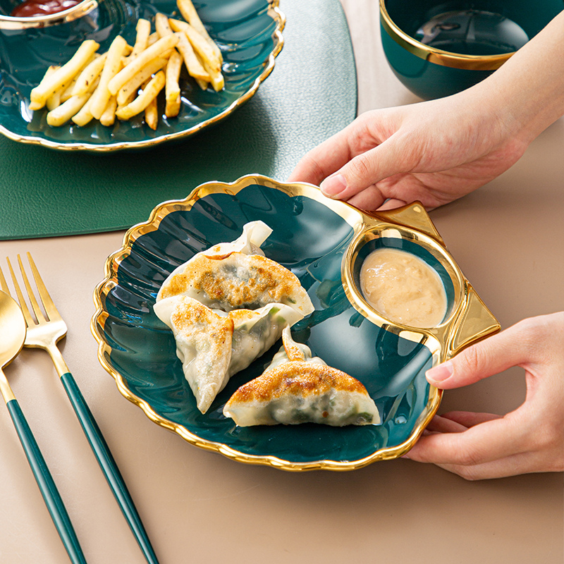 陶瓷饺子盘蘸料家用碗盘套装轻奢金边创意个性ins碟子寿司薯条盘